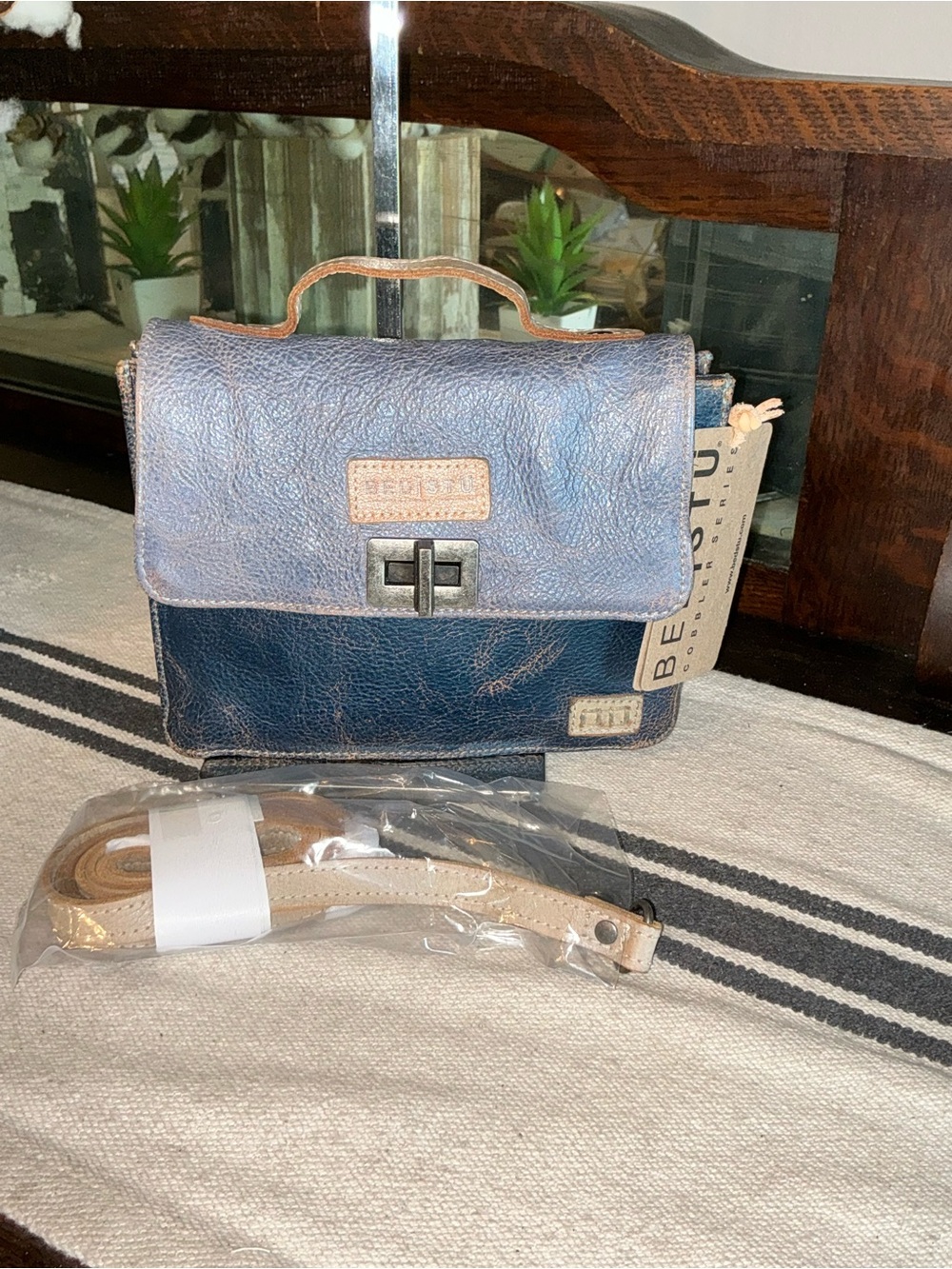 NWT Bed Stu Leather Improve Handbag Crossbody Oats Bag Blue Storm Lux MSRP $198